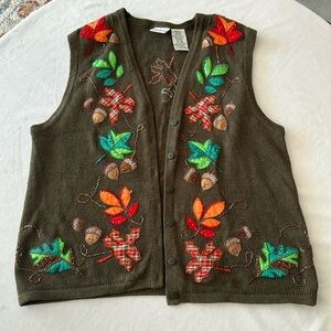 Vintage Brown Cardigan with Colorful Leaf Embroidery